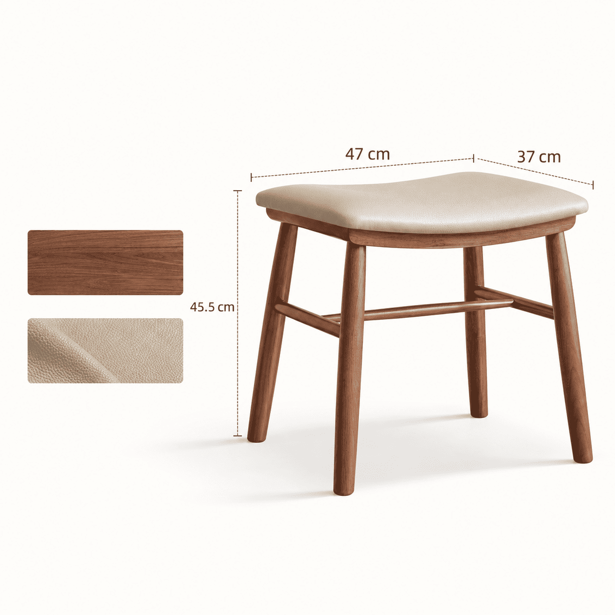 Graz solid walnut dressing stool dimension image with cream cushion, 47cm width, 37cm depth and 45.5cm height