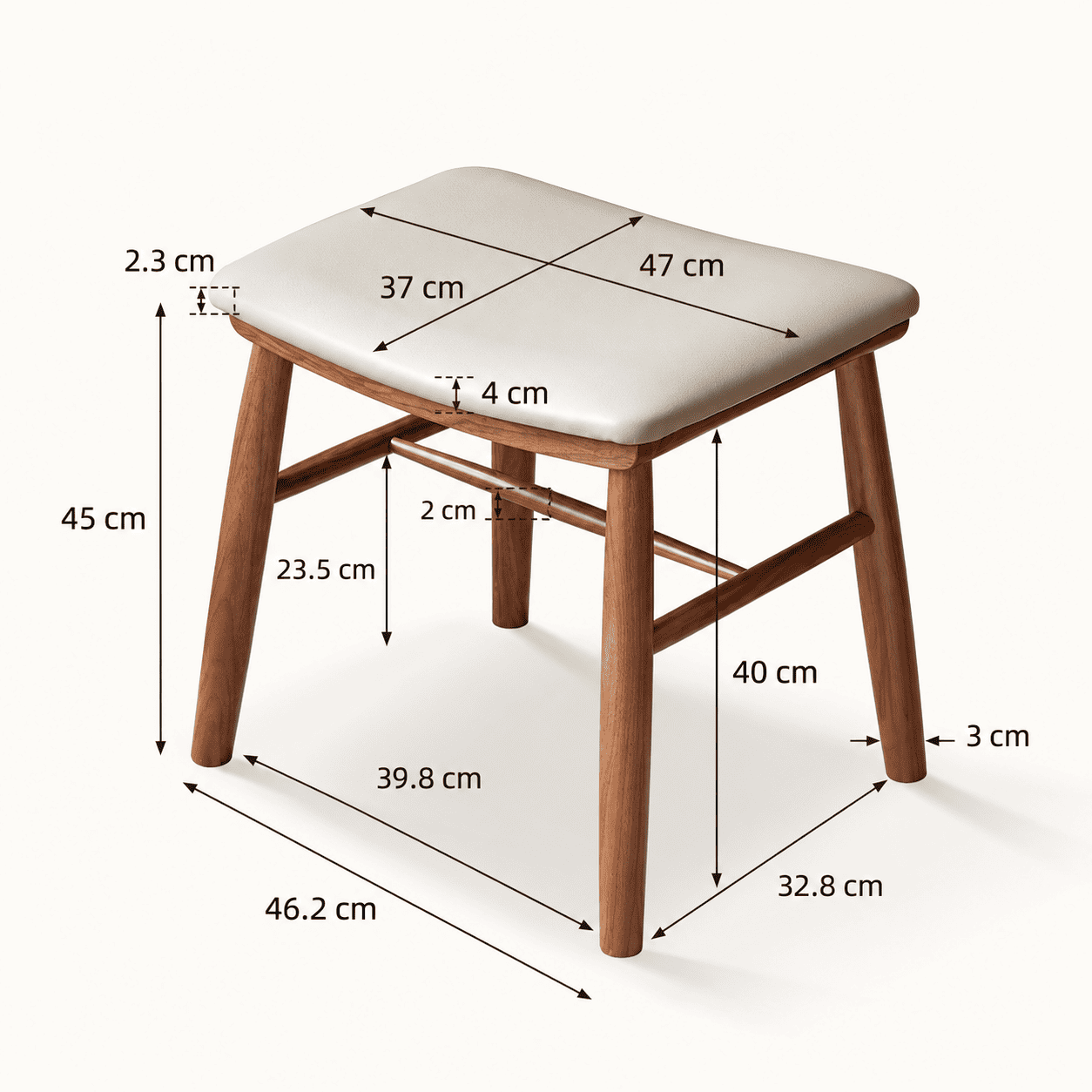 Graz natural solid walnut dressing stool detailed dimension image showing seat, frame, leg and support measurements