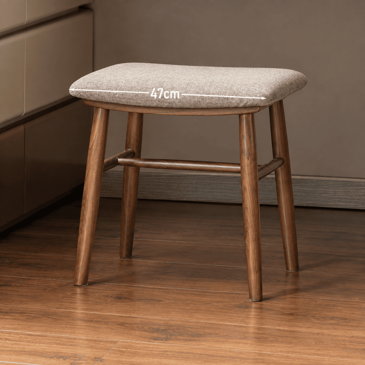 Graz natural solid walnut dressing stool dimension image showing 47cm seat width