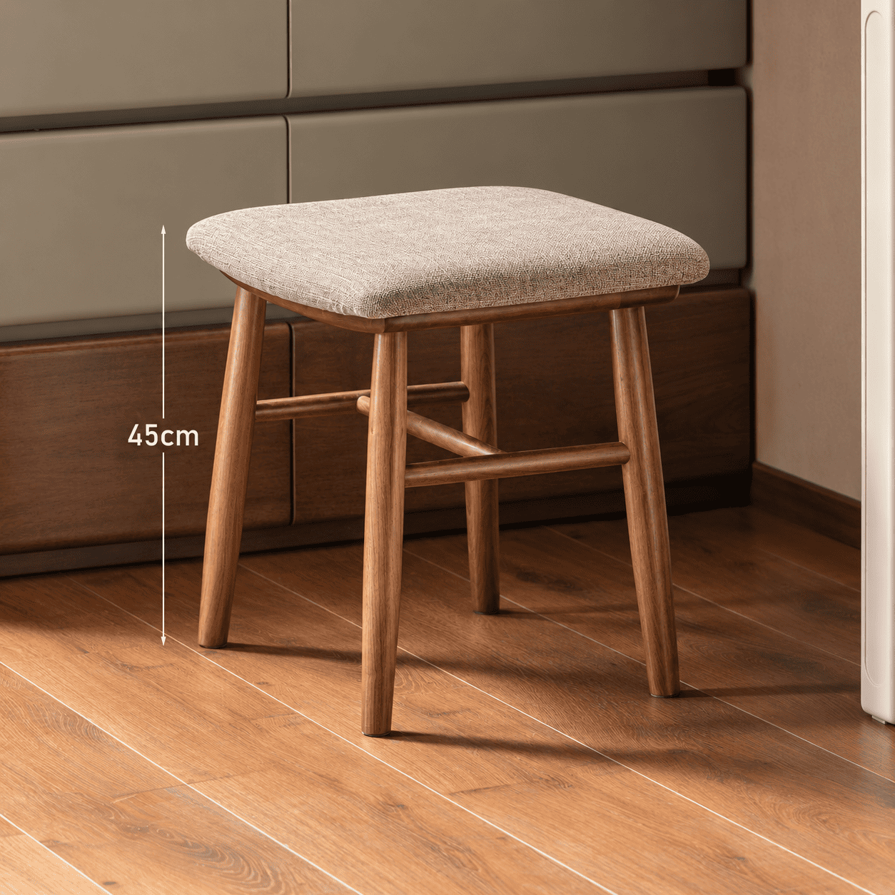 Graz natural solid walnut dressing stool dimension image showing 45cm seat height