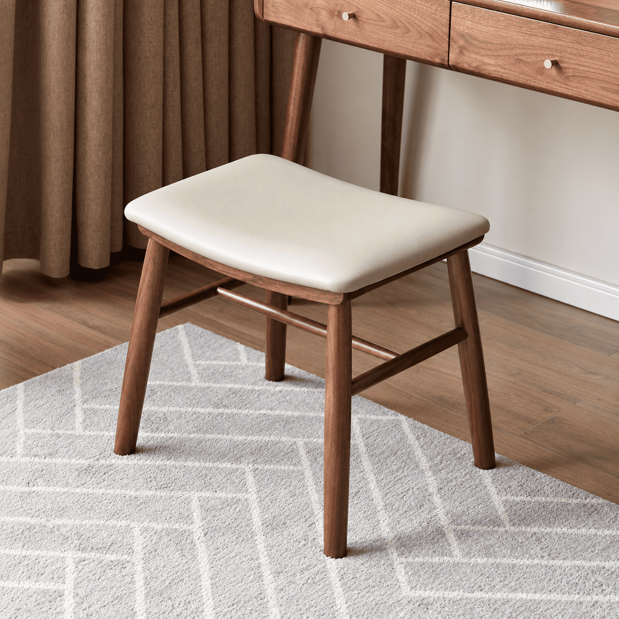 Graz solid walnut dressing stool with cream upholstered seat and rounded wooden frame