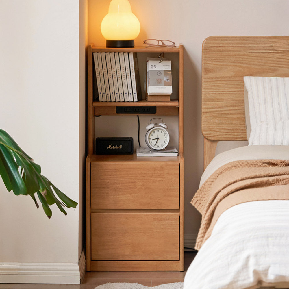 Guardo Natural Solid Rubber Wood Bedside Table with Hutch