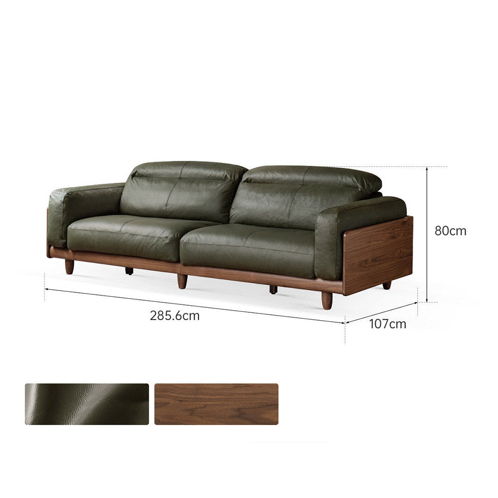 Hamburg Black Walnut Genuine Leather Sofa with Adjustable Headrest