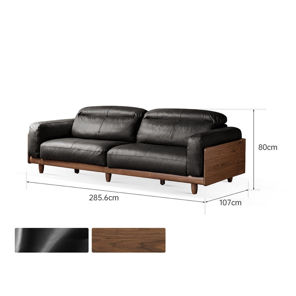 Hamburg Black Walnut Genuine Leather Sofa with Adjustable Headrest