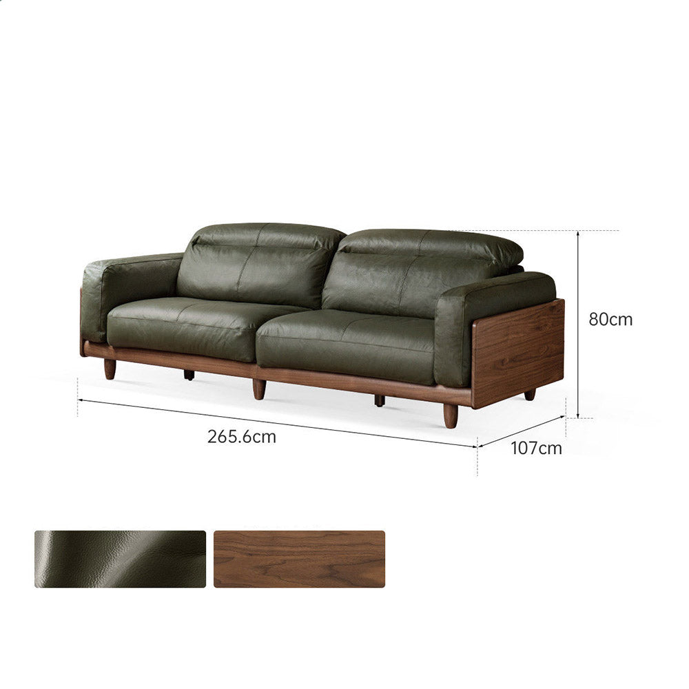 Hamburg Black Walnut Genuine Leather Sofa with Adjustable Headrest