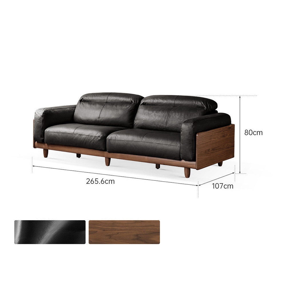 Hamburg Black Walnut Genuine Leather Sofa with Adjustable Headrest