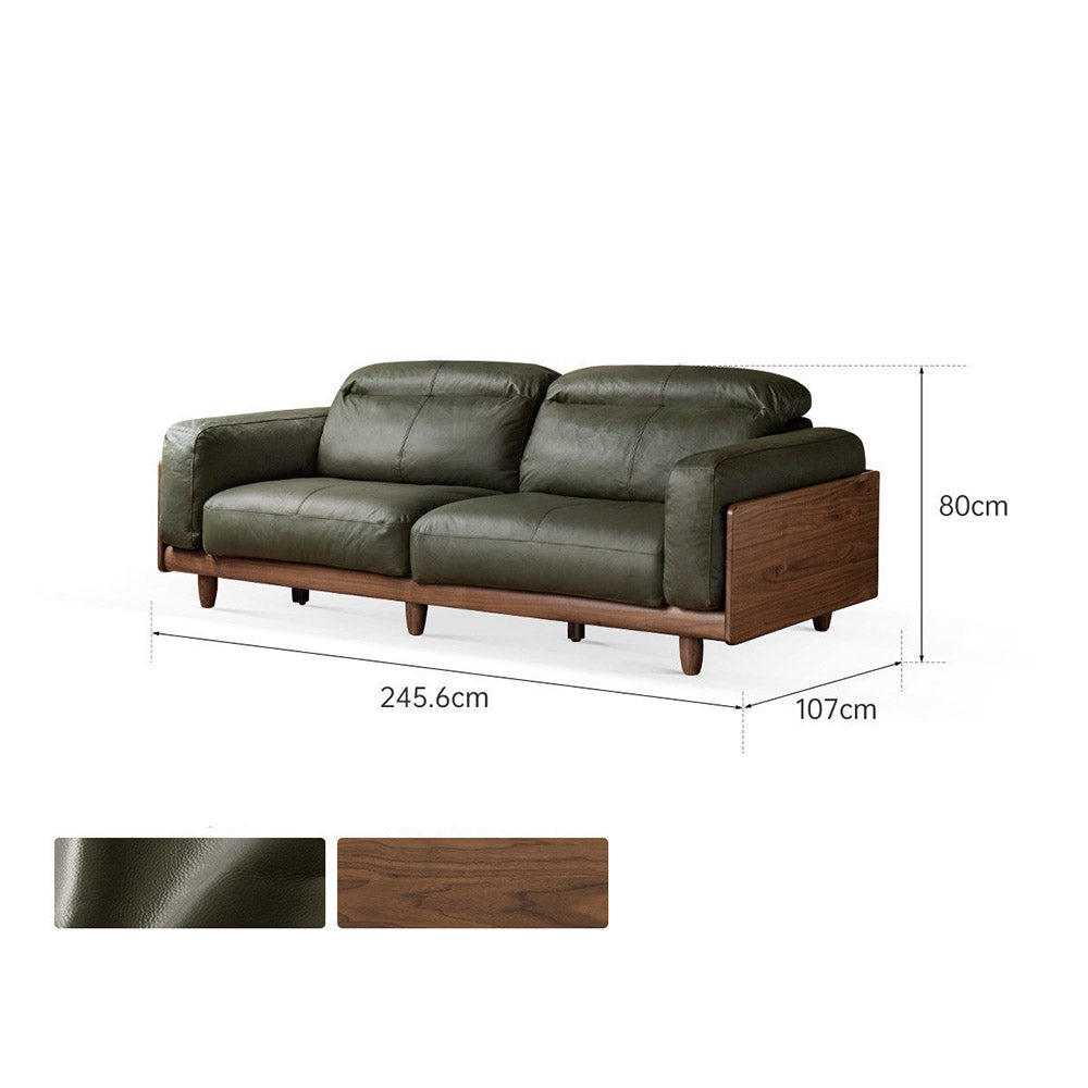 Hamburg Black Walnut Genuine Leather Sofa with Adjustable Headrest