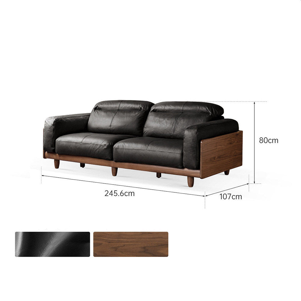 Hamburg Black Walnut Genuine Leather Sofa with Adjustable Headrest