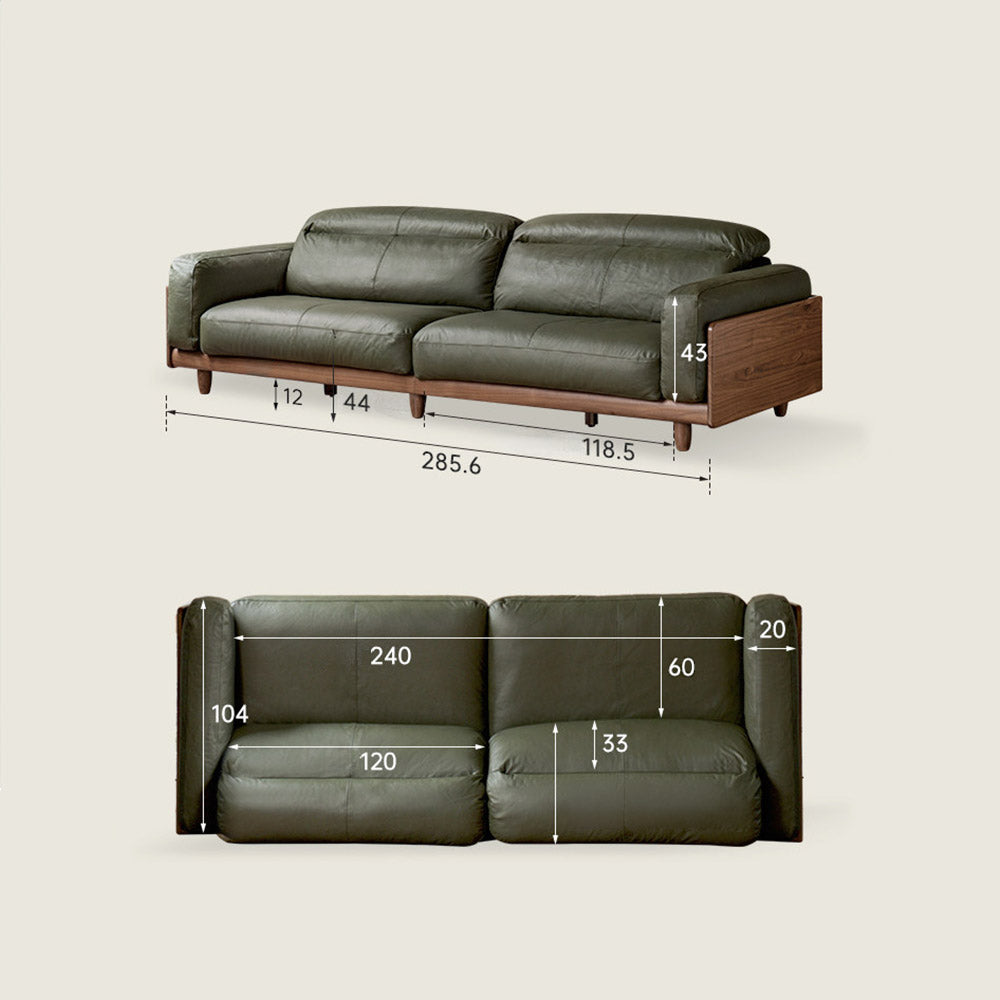 Hamburg Black Walnut Genuine Leather Sofa with Adjustable Headrest