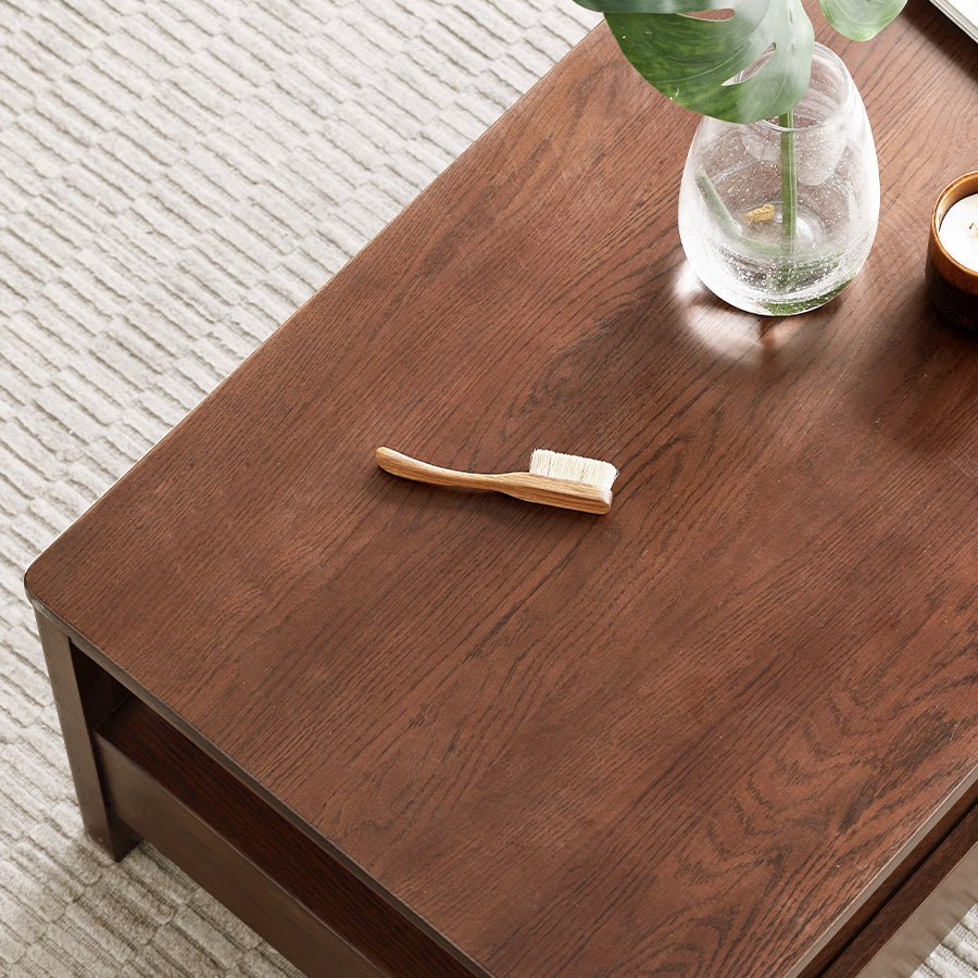 Humbie Natural Solid Oak Coffee Table in Walnut Colour | square coffee table with drawers for NZ local |Oak Furniture Store
