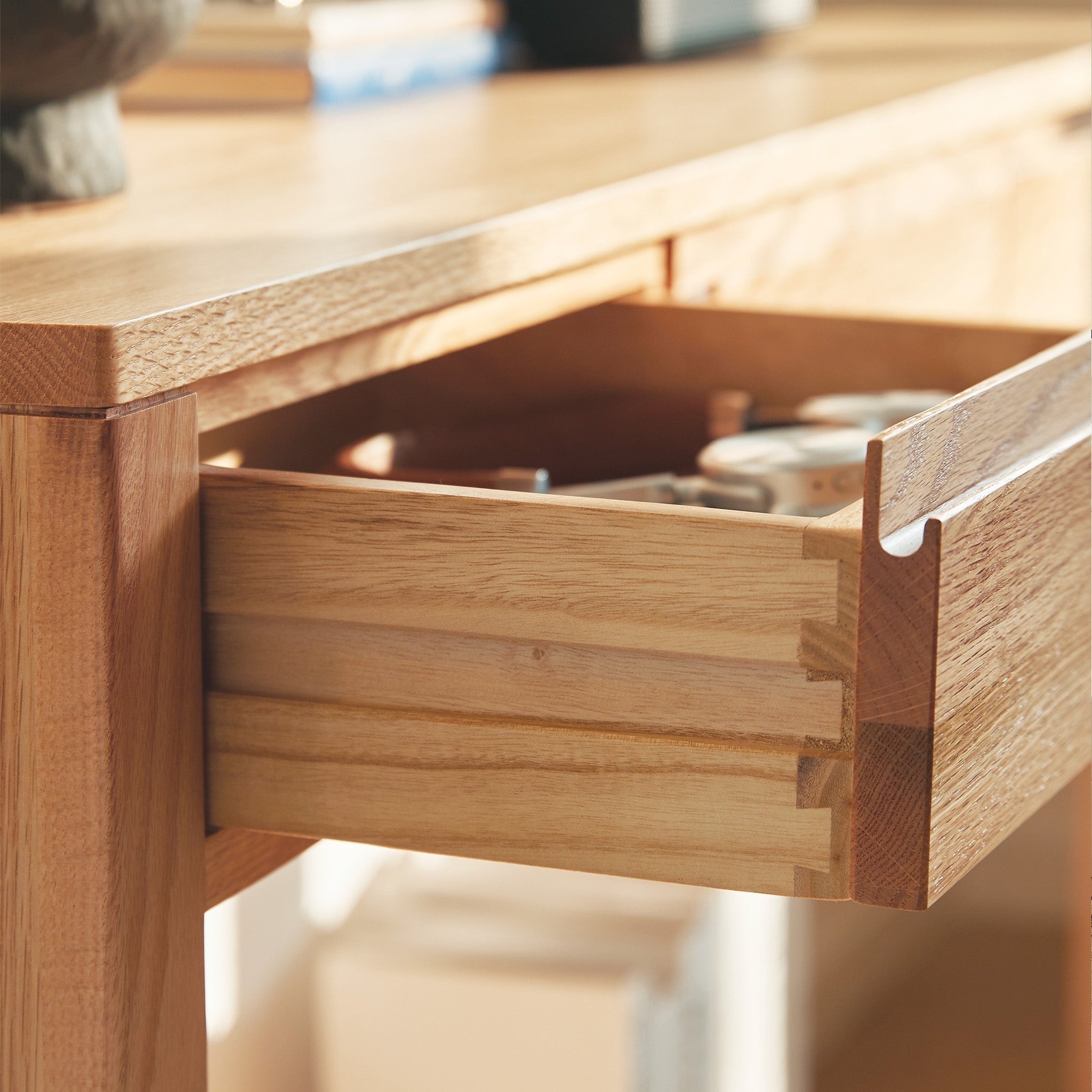 Humbie natural solid oak console table with drawers and lower shelf styled as a hallway table in a Kiwi home
