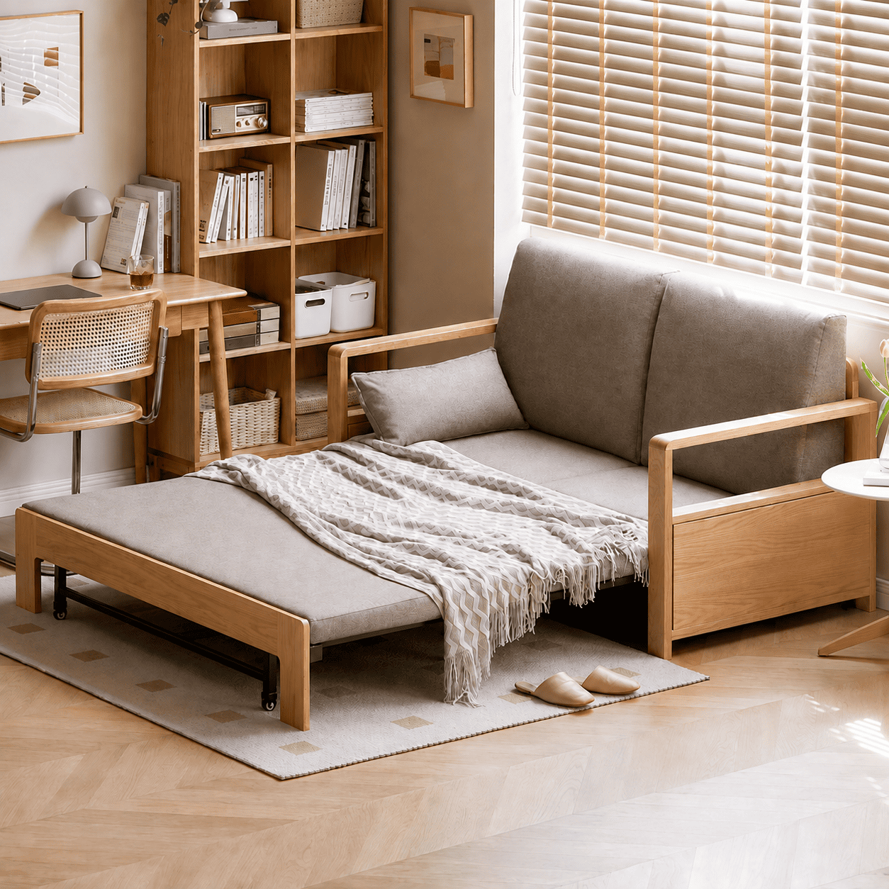 Two-seater oak sofa bed with beige upholstered cushions and a hidden pull-out sleeping platform.