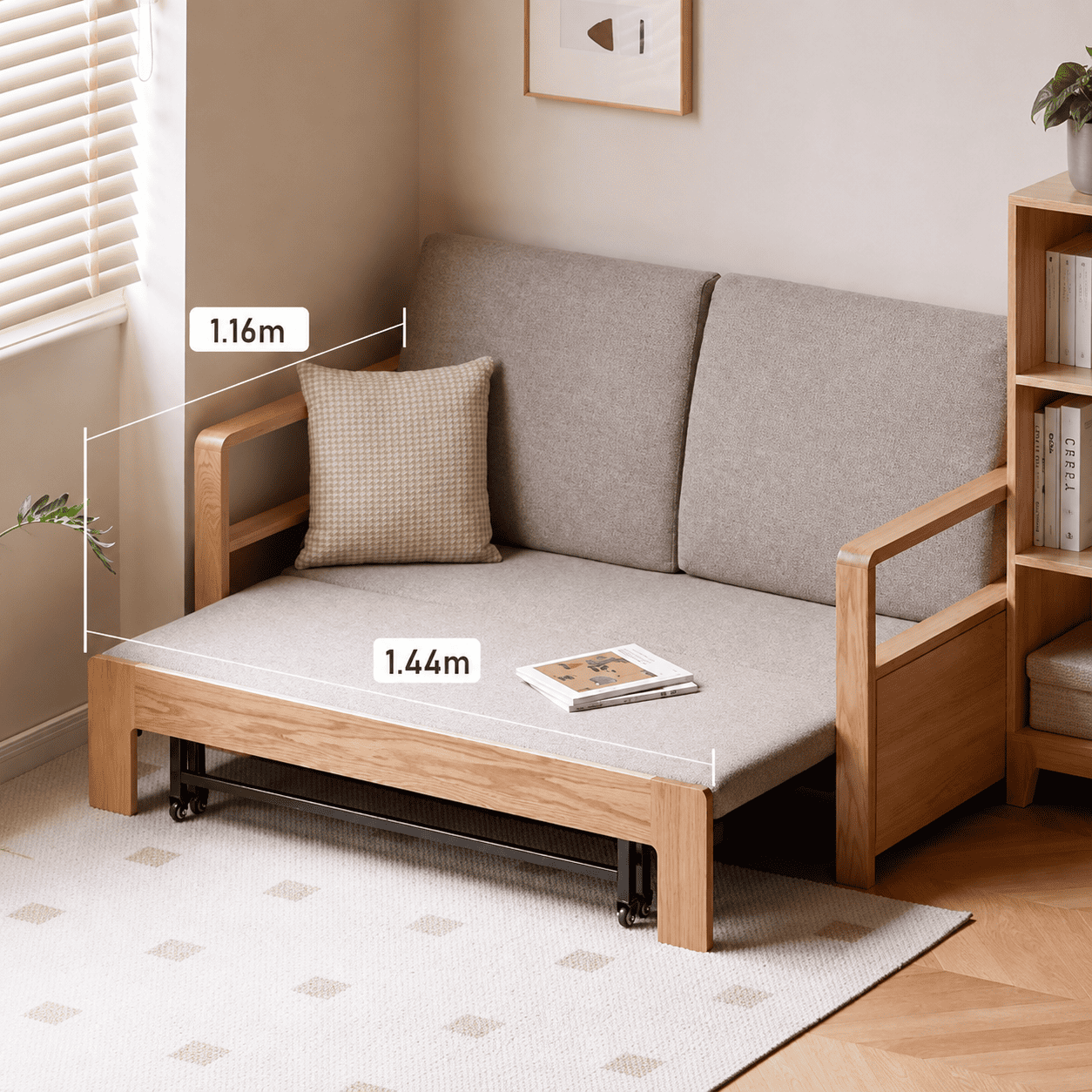 Scandinavian-style oak sofa bed with upholstered seating and an integrated pull-out bed.