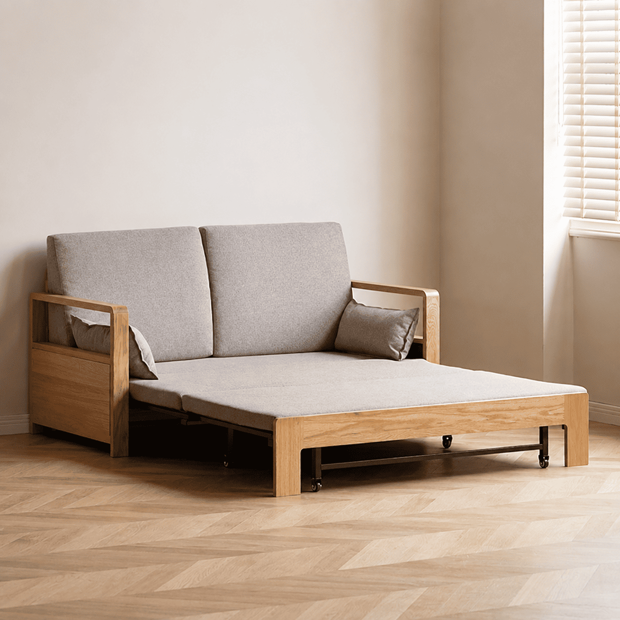 Contemporary wooden sofa bed with a solid oak frame, neutral fabric cushions, and pull-out functionality.