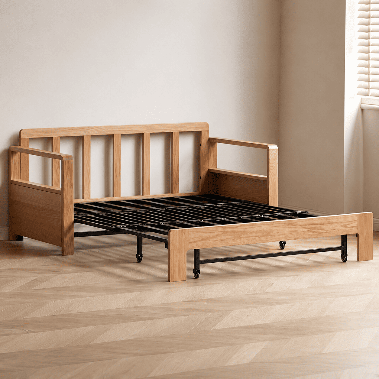 Modern wooden sofa bed featuring beige fabric cushions and a space-saving pull-out design.