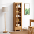 Humbie Solid Oak Slim Display Cabinet with open glass door, adjustable shelves and drawer storage for books and décor.