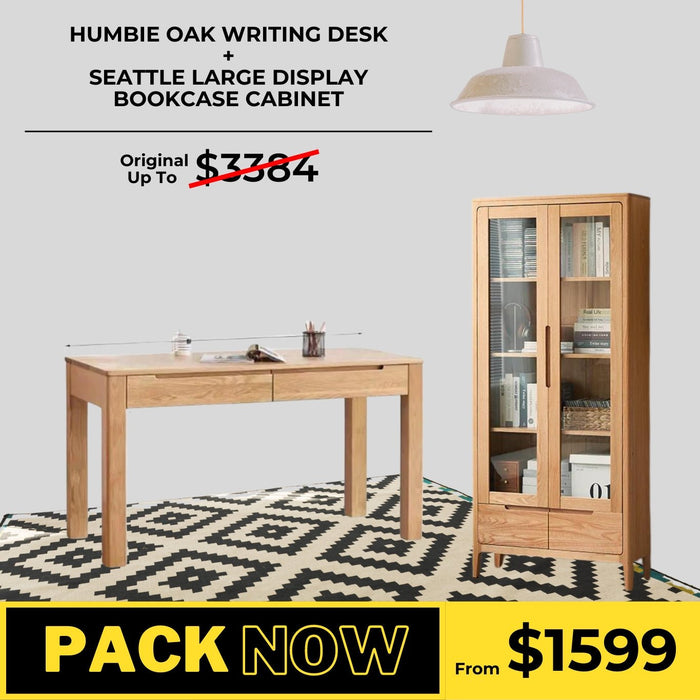 Humbie Solid Oak Study Desk and Seattle Display Cabinet Package