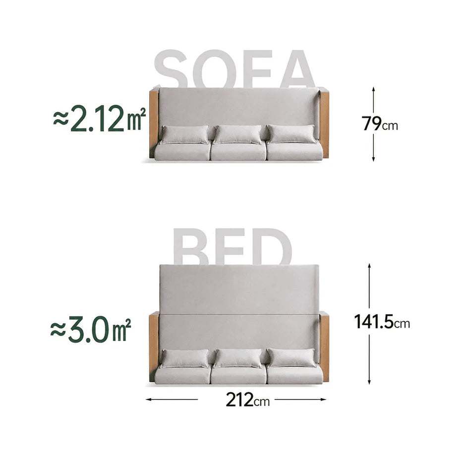 Solid oak sofa bed with minimalist timber frame for living room, study, or guest room styling
