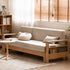 Natural solid oak sofa bed with cream upholstery for lounge room, guest room, and everyday seating