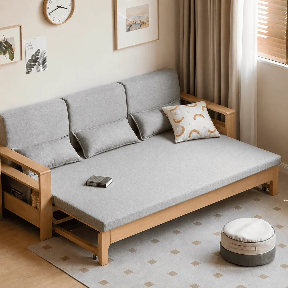 Solid oak daybed sofa with beige cushions for compact living rooms and multifunctional spaces