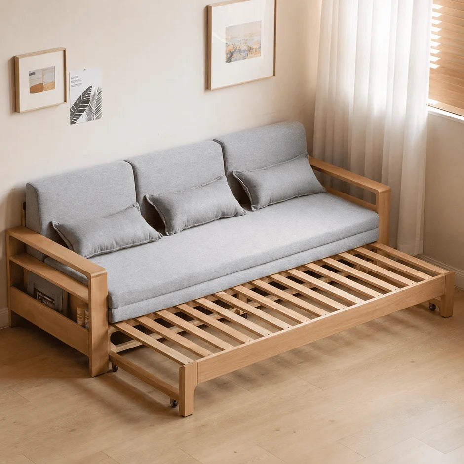 Hyogo Natural Solid Oak Sofa Bed with wooden armrests and practical side shelf storage