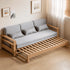 Hyogo Natural Solid Oak Sofa Bed with wooden armrests and practical side shelf storage