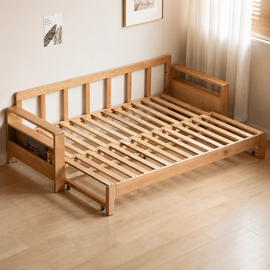 Natural solid oak sofa bed for sitting, lounging, reading, and occasional guest sleeping