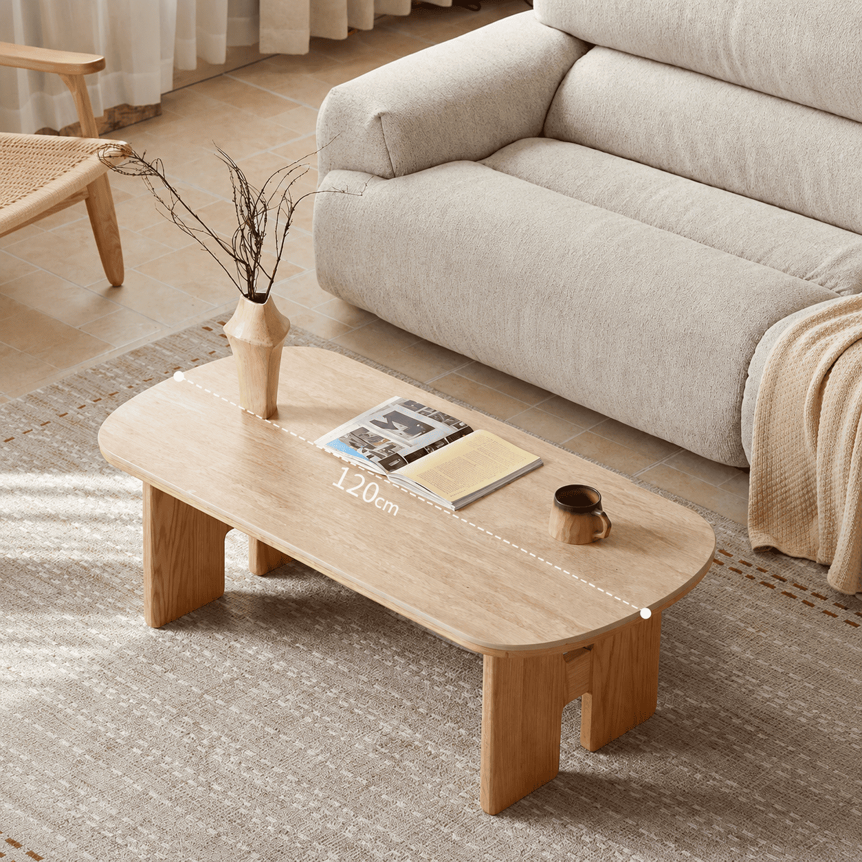 Irving solid oak coffee table with rounded ceramic top showing 120 cm length