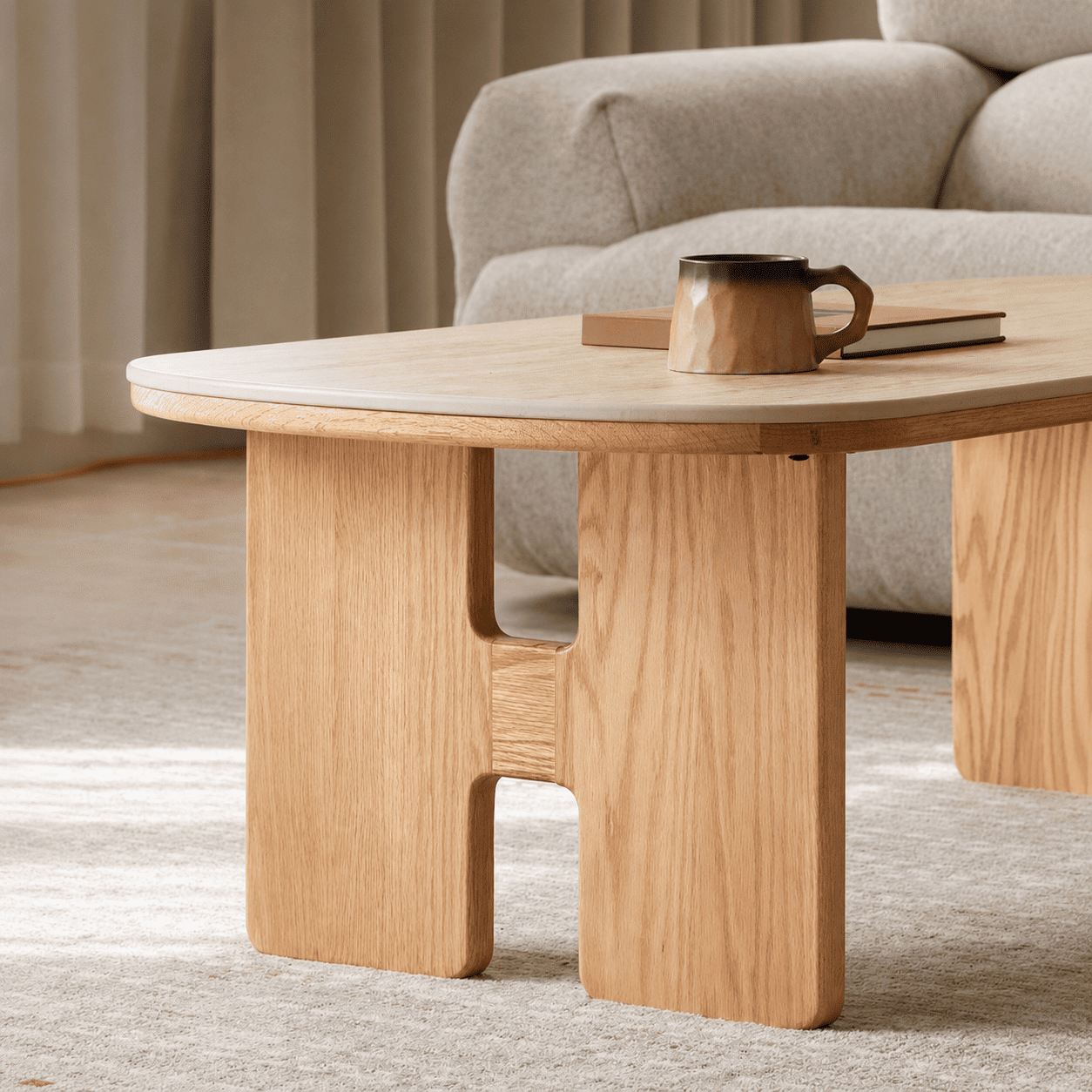 Irving ceramic top coffee table showing scratch-resistant, water-resistant and easy-clean surface features