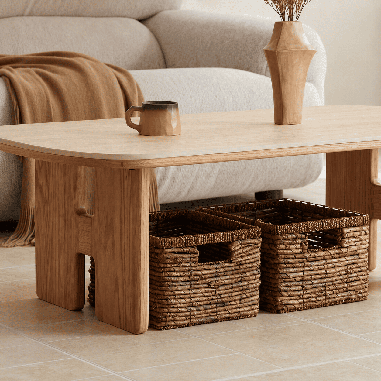 Close-up of Irving coffee table with natural oak legs and light ceramic tabletop