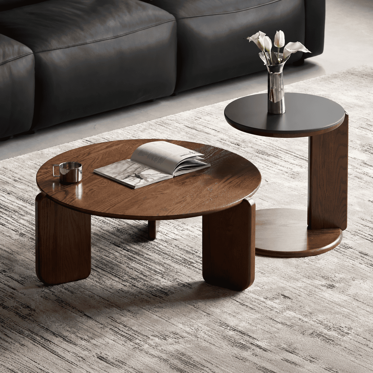 Jelling solid oak coffee table set in walnut colour with round coffee table and matching side table
