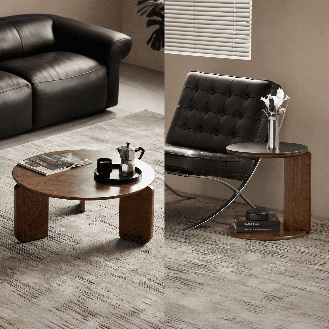 Lifestyle view of Jelling coffee table and side table set in walnut colour beside lounge seating