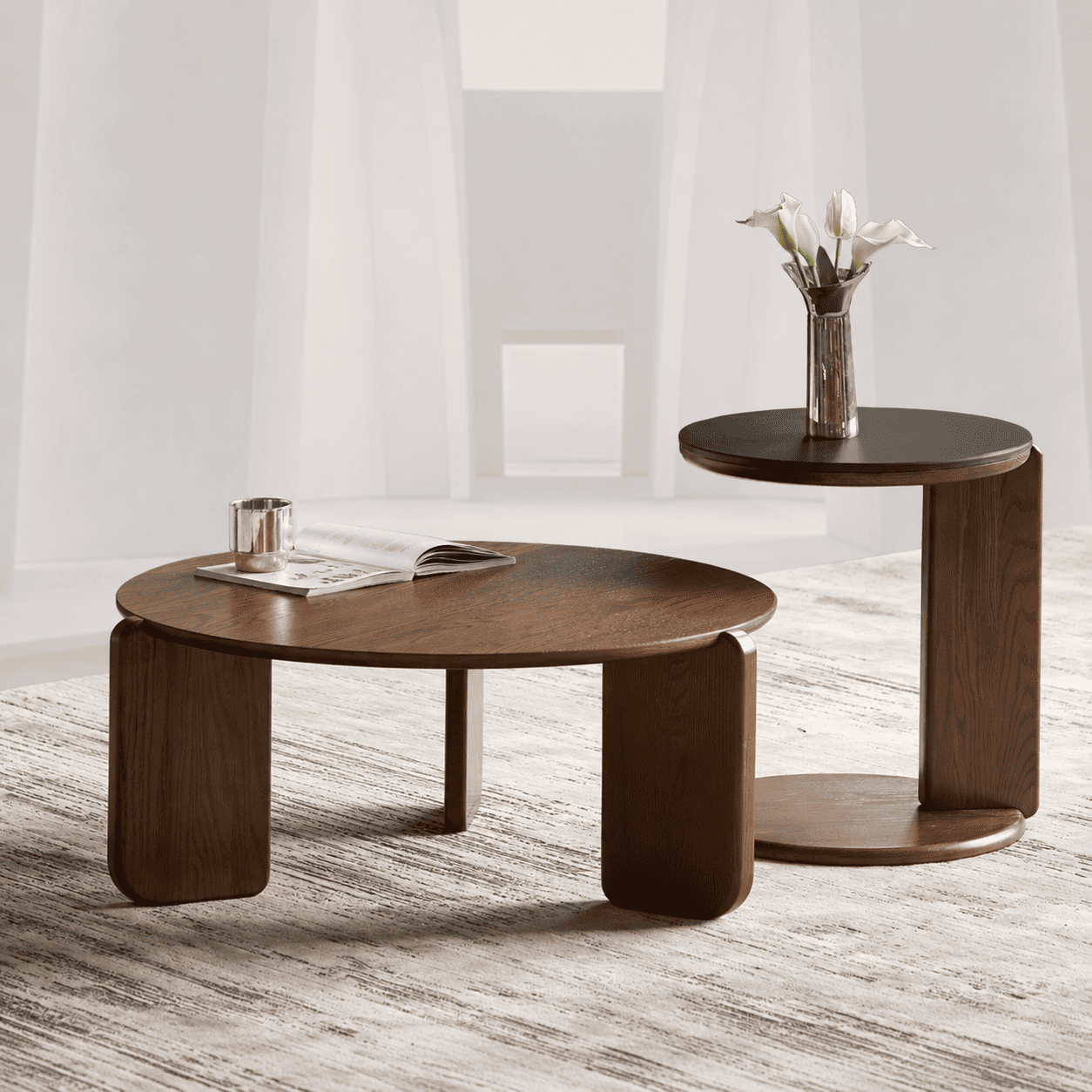 Jelling solid oak coffee table set in walnut colour with rounded wood supports and modern living room styling