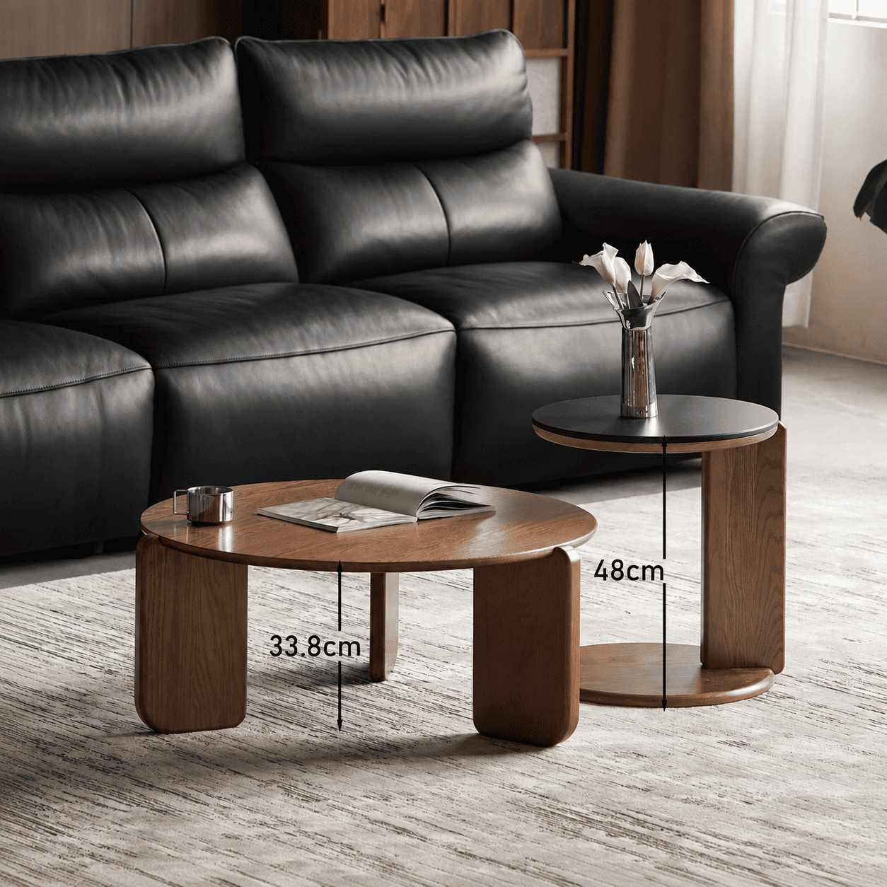 Jelling coffee table set showing 33.8 cm coffee table height and 48 cm side table height