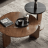Close-up of Jelling round side table with black top and walnut-coloured solid oak base