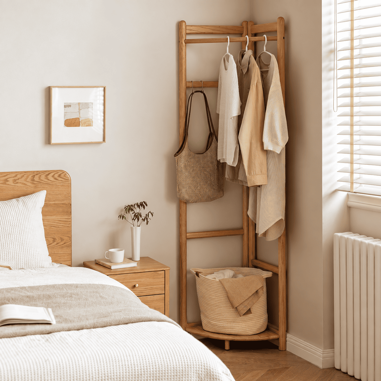 Kent natural solid oak corner coat rack with shelves, basket storage and bedroom styling