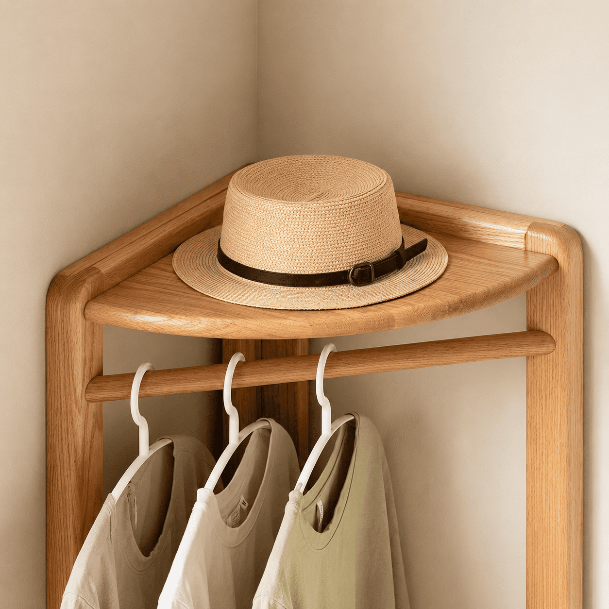 Close up of Kent natural solid oak coat rack top shelf with hat and rounded oak frame