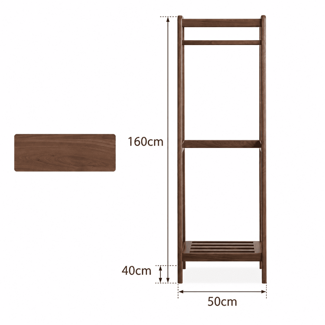 Lahti natural solid walnut 50 cm coat rack dimension guide with 160 cm height and 40 cm depth