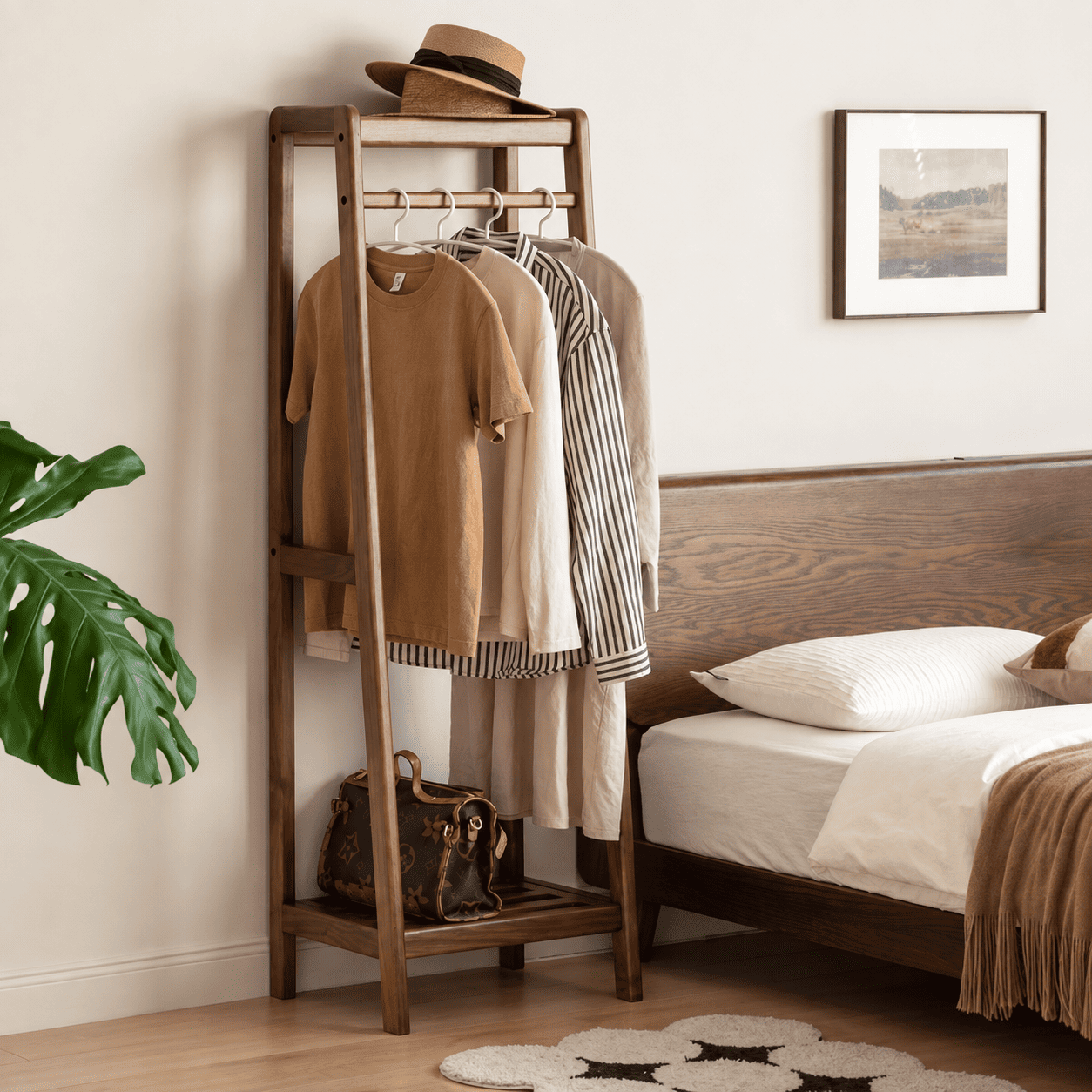 Lahti natural solid walnut narrow coat rack styled beside a wooden bed with hanging clothes
