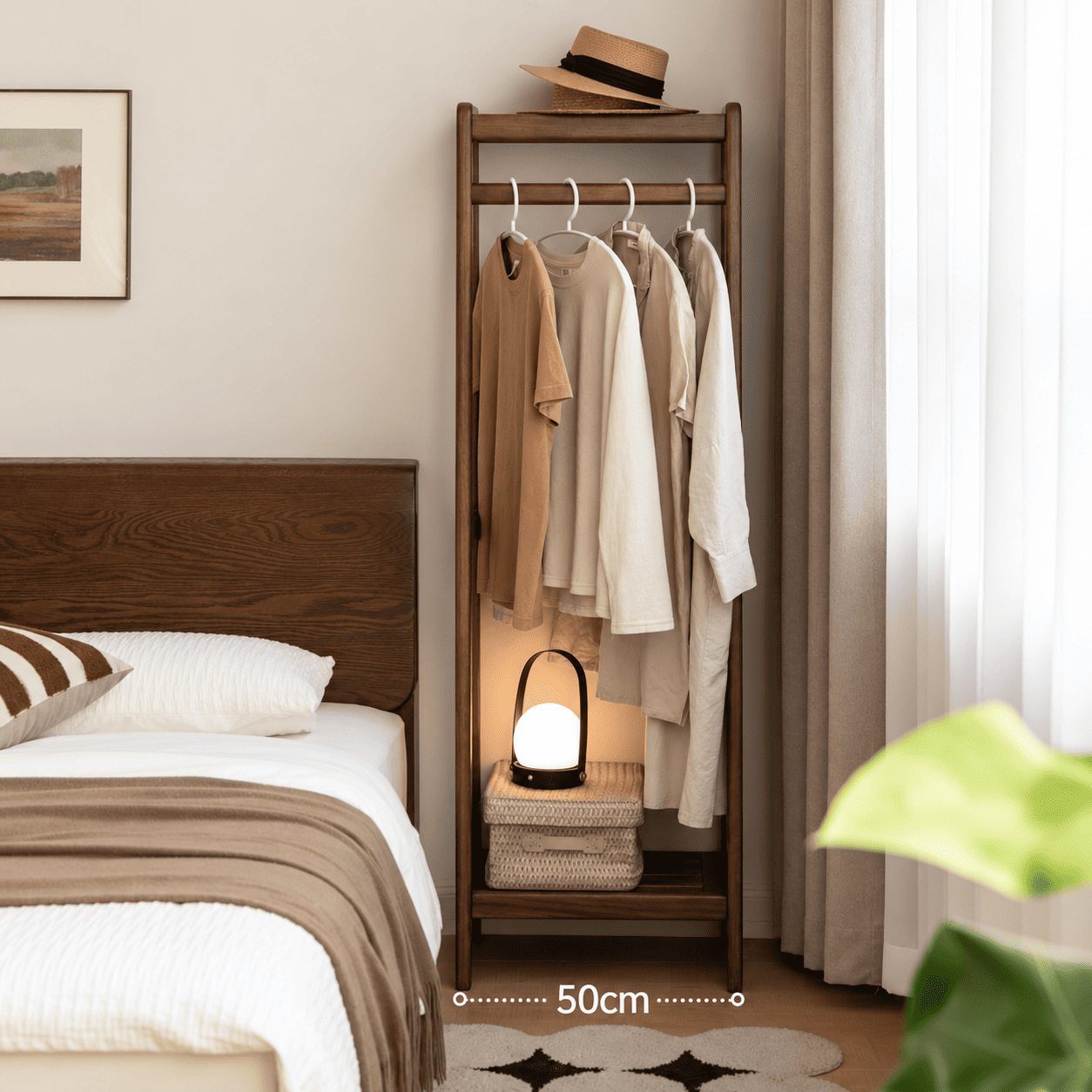 Lahti natural solid walnut compact coat rack showing 50 cm width in bedroom setting