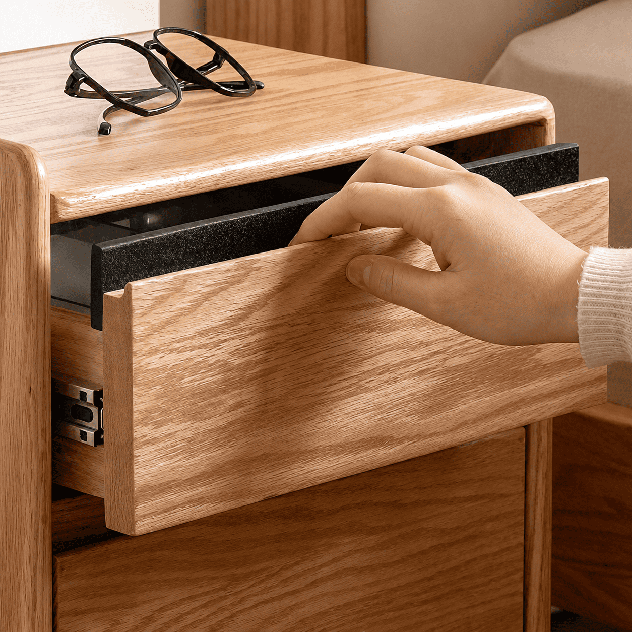 Lannion Natural Solid Oak Bedside Table with Hutch