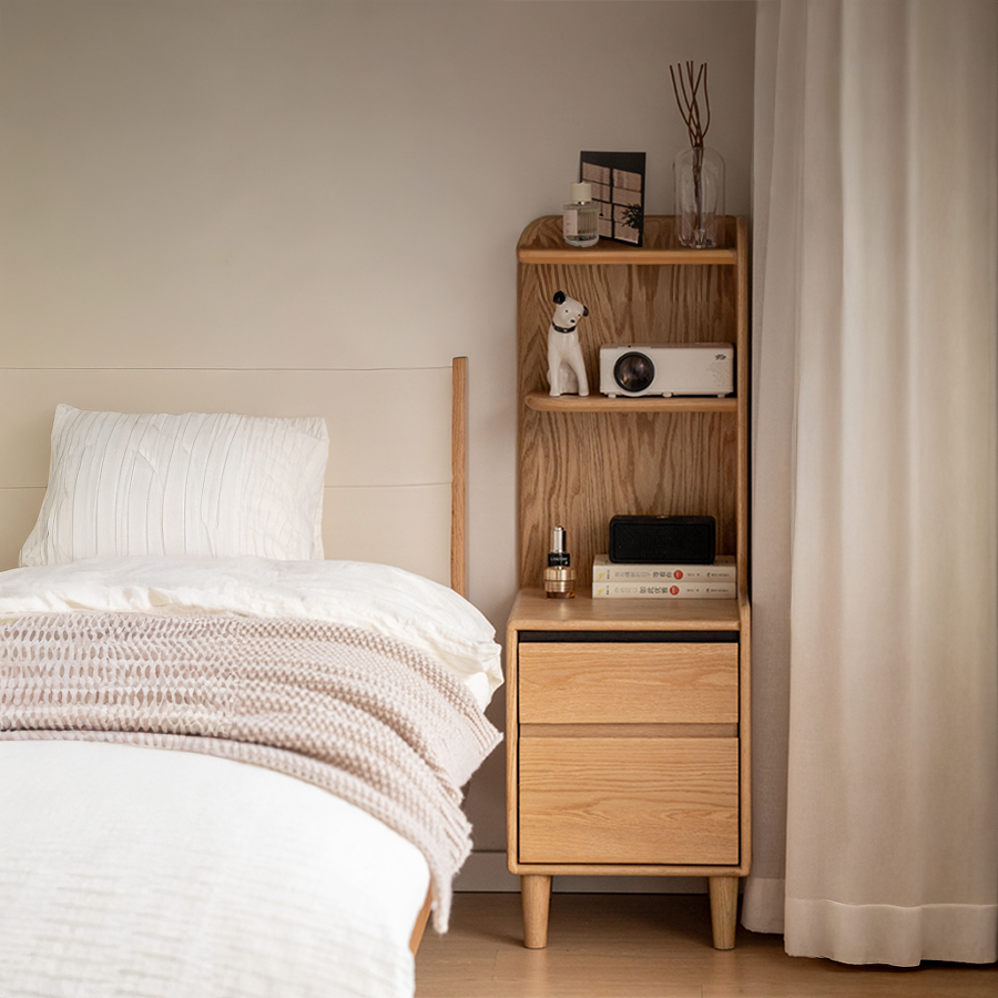 Lannion Natural Solid Oak Bedside Table with Hutch