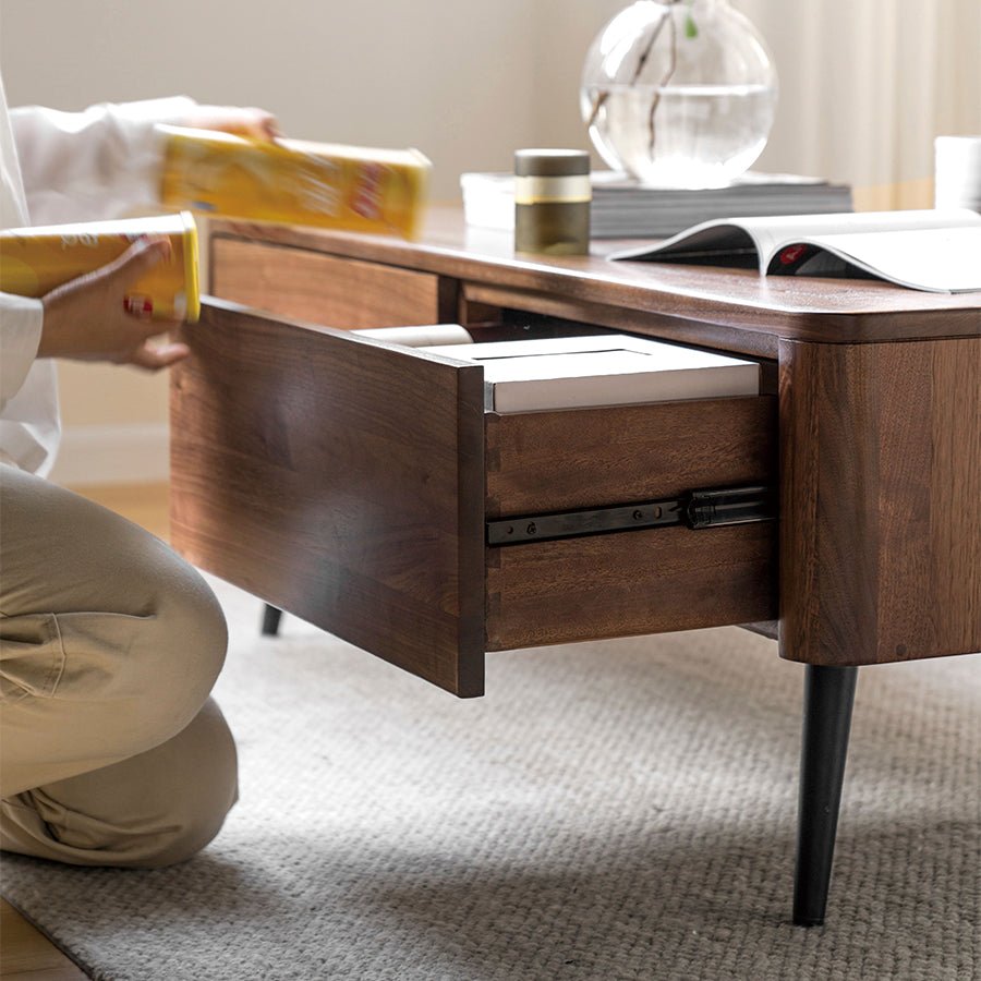Leeds Natural Solid Walnut Coffee Table | wooden coffee table with drawers for NZ living room | Oak Furniture Store