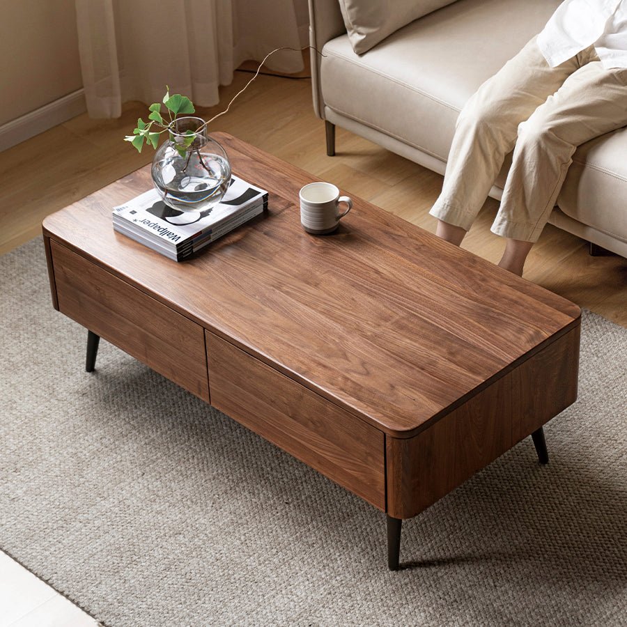 Leeds Natural Solid Walnut Coffee Table | wooden coffee table with drawers for NZ living room | Oak Furniture Store