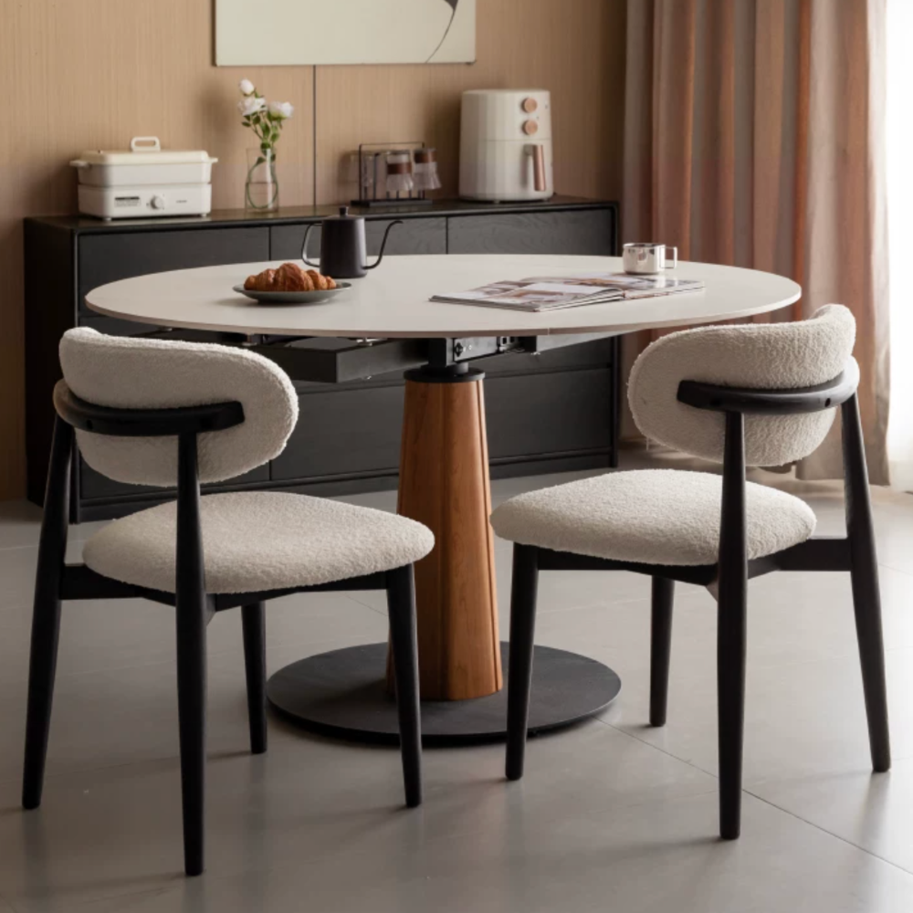Leese upholstered dining chair with charcoal solid oak frame and rounded seat design
