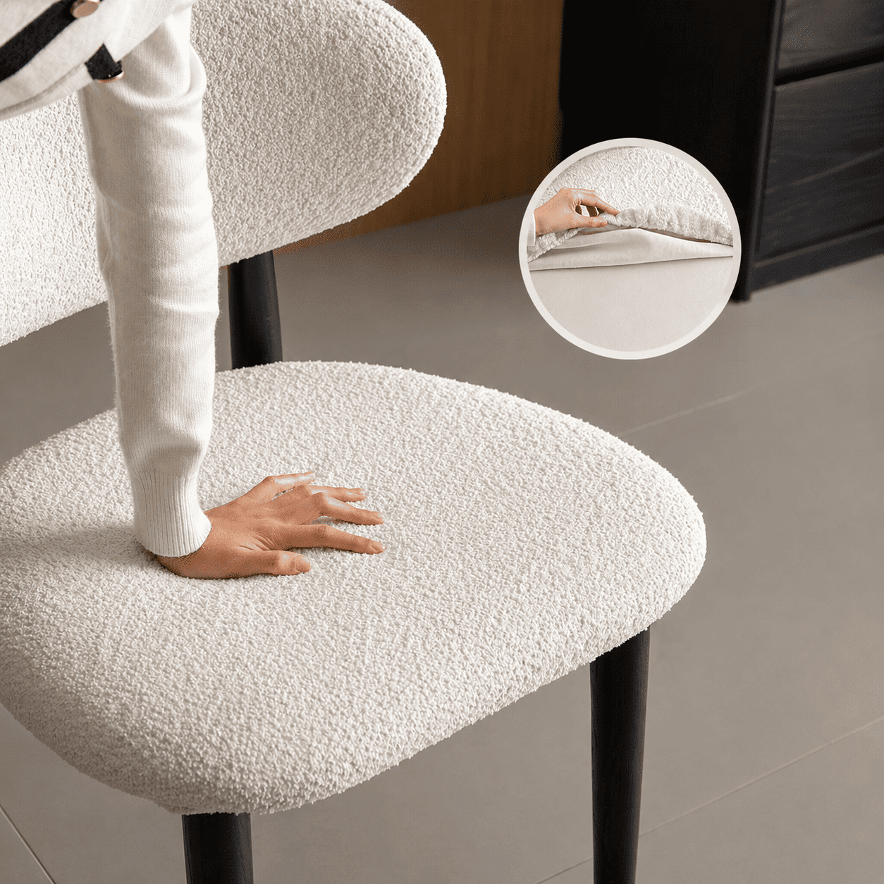 Leese dining chair with curved upholstered backrest and sturdy charcoal oak legs