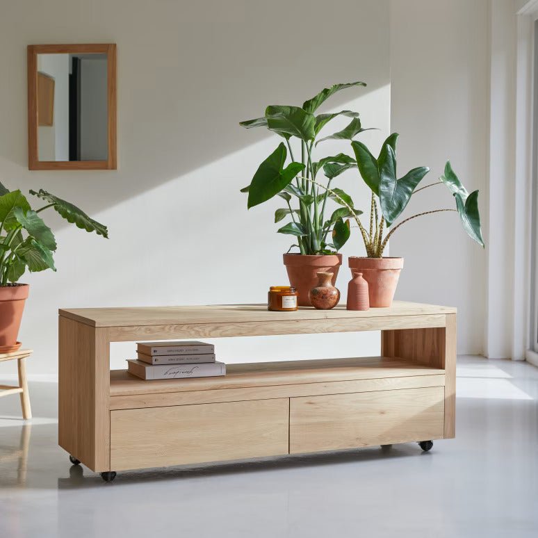 Liden Solid Oak Caster Feet TV Unit - Oak Furniture Store