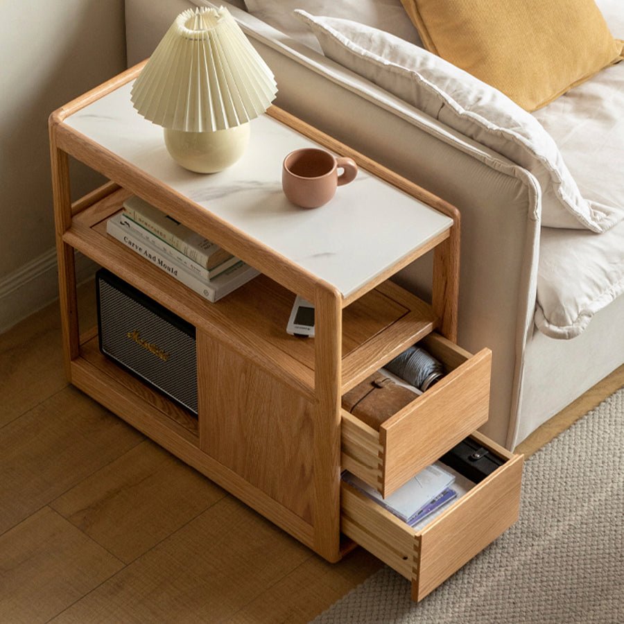 Lisbon Solid Ash Movable Side Table with Ceramic Top | Oak Furniture Store