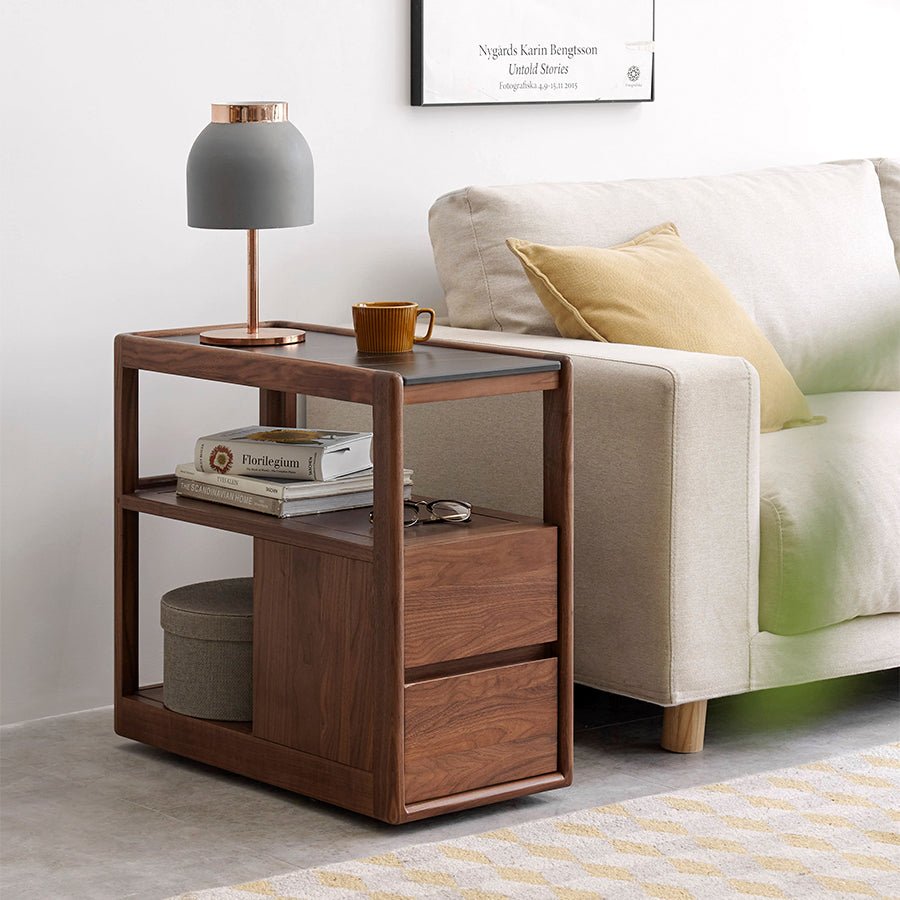 Lisbon Solid Walnut Movable Side Table with Ceramic Top | Oak Furniture Store
