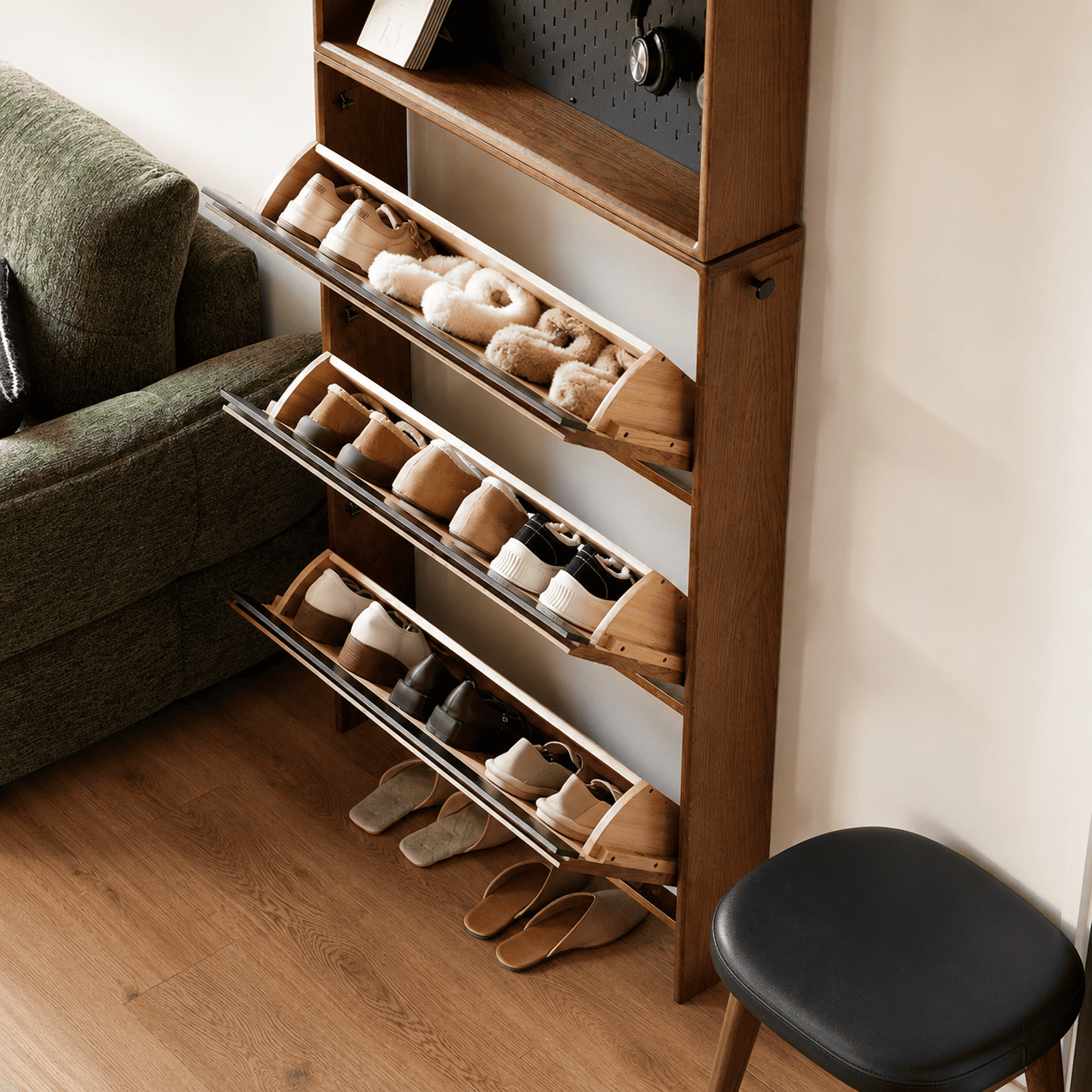 Lowell Solid Oak Shoe Cabinet in Walnut Colour